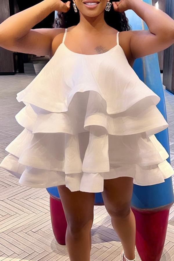 クリーム ホワイト セクシー ソリッド フラウンス スパゲッティ ストラップ ケーキ スカート ドレス