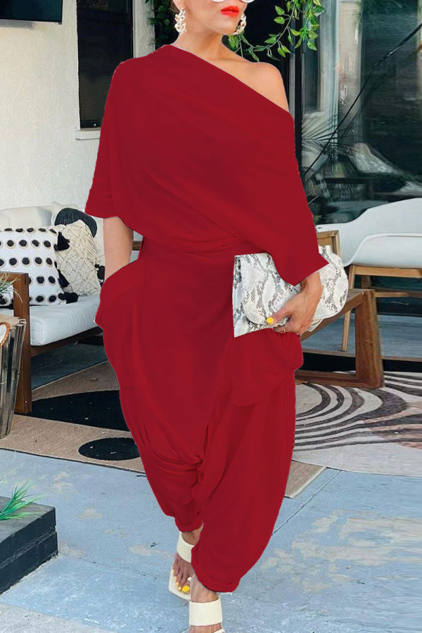 Красные сексуальные уличные однотонные асимметричные комбинезоны Harlan с косым воротником и карманами