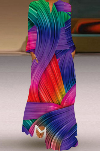 Fuchsia Vintage Elegant Print Patchwork V Neck Straight Dresses