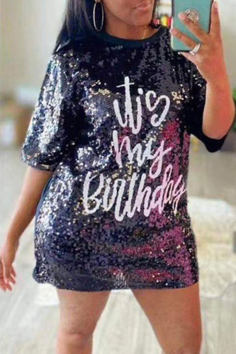 Black Street Solid Sequins Patchwork O Neck Dresses