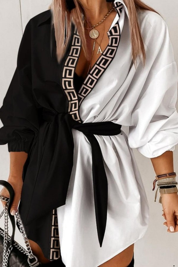 ブラック ホワイト カジュアル プリント パッチワーク ターンダウン カラー シャツドレス ドレス