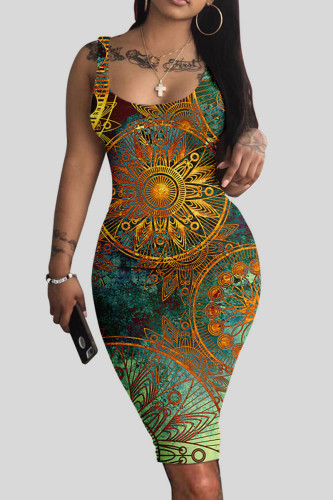 Green Street Print Patchwork U Neck Pencil Skirt Dresses