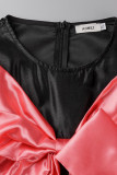 Negro casual dulce sólido patchwork con lazo cuello redondo una línea vestidos de talla grande