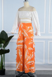 Orange Red Casual Sweet Print Patchwork Stringy Selvedge Off the Shoulder Long Sleeve Two Pieces