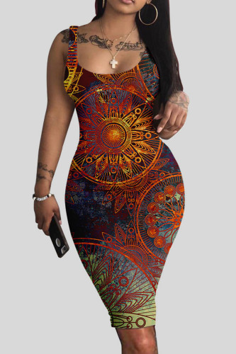 Red Street Print Patchwork U Neck Pencil Skirt Dresses