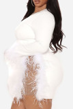 Blanc Sexy solide Patchwork plumes perceuse chaude O cou jupe crayon grande taille robes