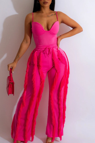 Rose Red Sexy Street Solid Tassel Patchwork Spaghetti Strap Sleeveless Two Pieces