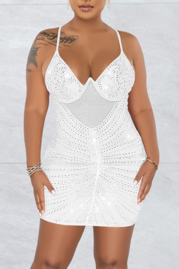 Vestido sin mangas con tirantes de espagueti sin espalda con perforación en caliente de patchwork sexy blanco Vestidos