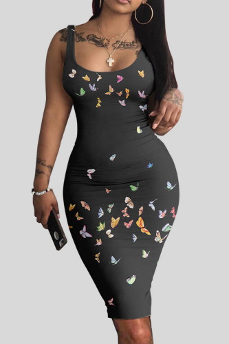 Black Street Print Patchwork U Neck Pencil Skirt Dresses