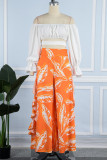 Orange Red Casual Sweet Print Patchwork Stringy Selvedge Off the Shoulder Long Sleeve Two Pieces