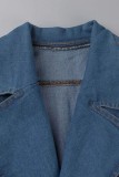 Tute di jeans regolari a vita alta a maniche lunghe con colletto rovesciato patchwork solido blu casual
