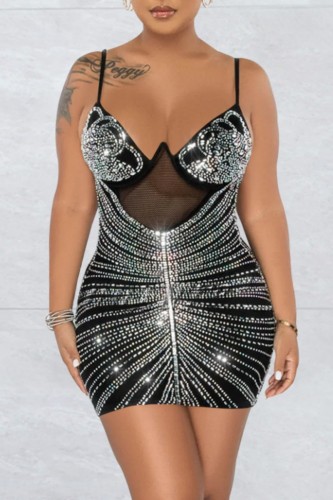 Black Sexy Patchwork Hot Drilling Backless Spaghetti Strap Sleeveless Dress Dresses