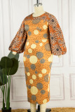 Orange Vintage Print Patchwork O Neck One Step Kjol Plus Size Klänningar