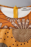 Oranje Vintage Print Patchwork O Neck One Step Rok Grote maten jurken