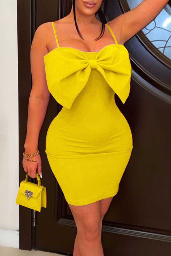 黄色のセクシーなソリッド パッチワーク ボウ スパゲッティ ストラップ ペンシル スカート ドレス