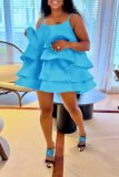 ブルー セクシー ソリッド フラウンス スパゲッティ ストラップ ケーキ スカート ドレス