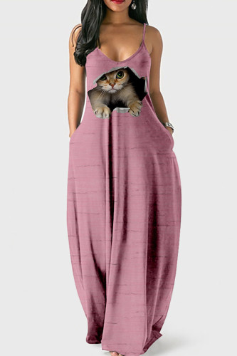 Pink Street Print Patchwork Spaghetti Strap Lantern Dress Dresses