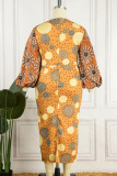 Orange Vintage Print Patchwork O Neck One Step Skirt Plus Size Dresses