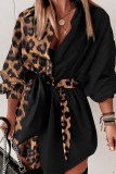 Vestido estampado leopardo estampado casual patchwork camisa de abertura de cama vestidos