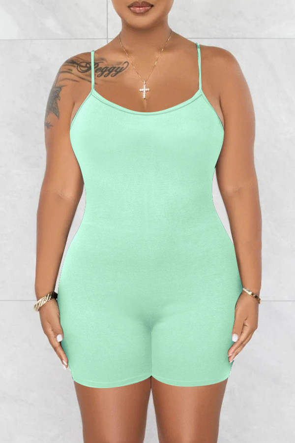 Lake Green Sexig Casual Solid Backless Spaghetti Strap Skinny Romper