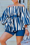 Blue Stripe Casual Print Patchwork Off the Shoulder Long Sleeve Two Pieces