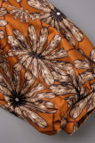 Oranje Vintage Print Patchwork O Neck One Step Rok Grote maten jurken