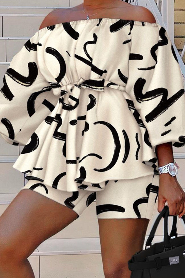 Black And White Casual Street Print Bandage Patchwork Off the Shoulder Three Quarter Two Pieces