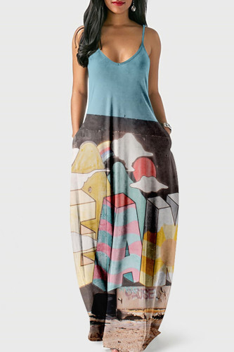 Blue Gray Street Print Patchwork Spaghetti Strap Lantern Dress Dresses