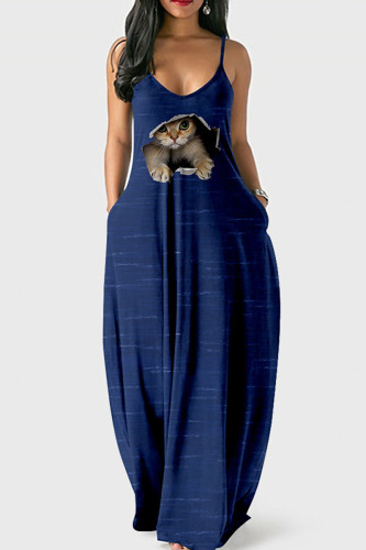 Dark Blue Street Print Patchwork Spaghetti Strap Lantern Dress Dresses