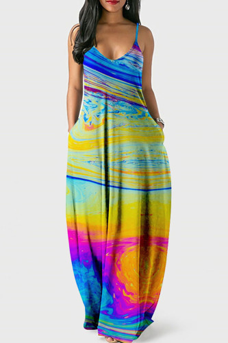 Colour Street Print Patchwork Spaghetti Strap Lantern Dress Dresses