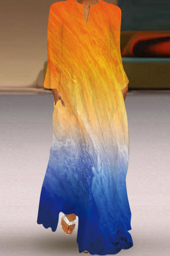 Orange Blue Vintage Elegant Print Patchwork V Neck Straight Dresses