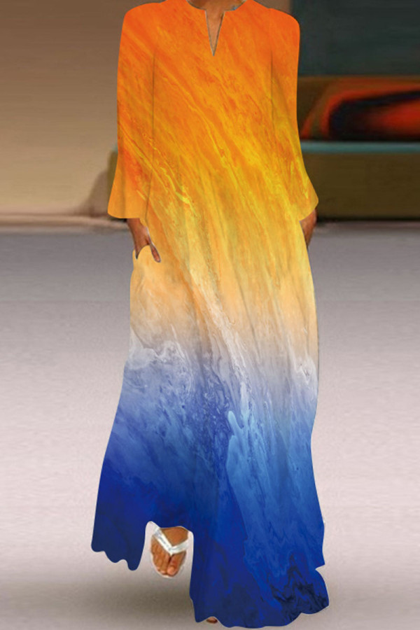 Oranje blauwe vintage elegante print patchwork V-hals rechte jurken