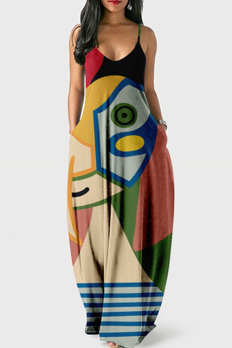 Multicolor Street Print Patchwork Spaghetti Strap Lantern Dress Dresses