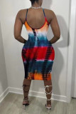Rouge Sexy Casual Print Tie Dye Backless Spaghetti Strap Robe sans manches Robes