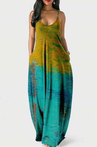 Lake Blue Street Print Patchwork Spaghetti Strap Lantern Dress Dresses