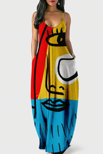 Yellow Blue Street Print Patchwork Spaghetti Strap Lantern Dress Dresses
