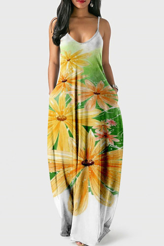 Green Yellow Street Print Patchwork Spaghetti Strap Lantern Dress Dresses