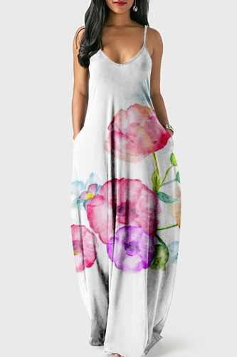 White Street Print Patchwork Spaghetti Strap Lantern Dress Dresses