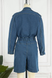 Blue Casual Solid Patchwork Turndown Collar Long Sleeve High Waist Regular Denim Jumpsuits