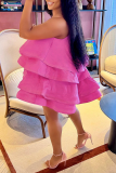 ローズピンクのセクシーなソリッドフラウンススパゲッティストラップケーキスカートドレス