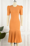 Vestido de manga corta con cuello en O básico sólido casual naranja