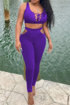 Purple Sexy Casual Solid Bandage U Neck Sleeveless Two Pieces