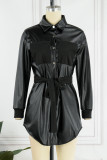 ブラック カジュアル パッチワーク シャツ カラー ロング スリーブ ドレス