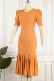 Orange Casual Solid Basic O Neck Short Sleeve Dress