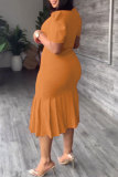 Orange Casual Solid Basic O Neck Short Sleeve Dress