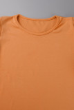 Vestido laranja casual sólido básico com decote em O e manga curta