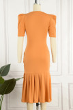 Oranje casual effen basic jurk met ronde hals en korte mouwen