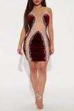 Burgundy Sexy Patchwork Hot Drilling See-through O Neck Sleeveless Dress Dresses