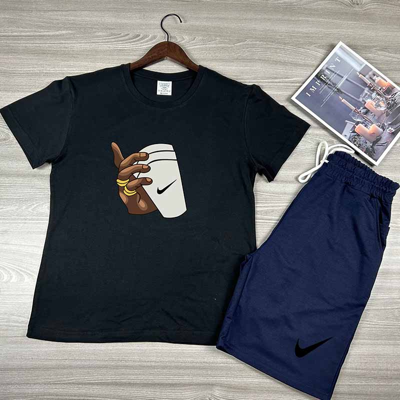 

Navy Blue Casual Print Patchwork O Neck Short Sleeve Two Pieces