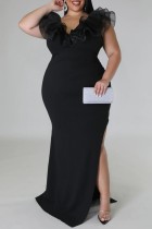 Черное сексуальное сплошное лоскутное длинное платье с разрезом и V-образным вырезом Платья больших размеров